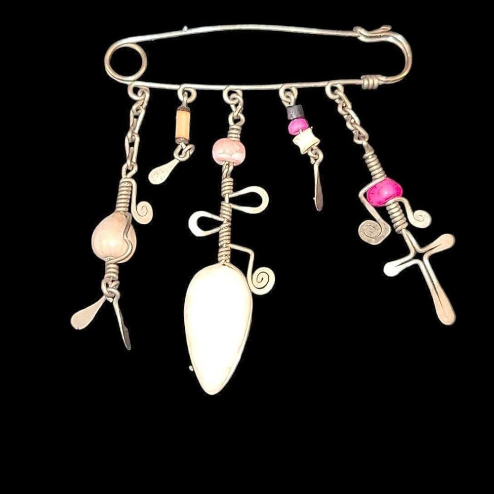 Modernist Artisan Safety Pin Charm Brooch